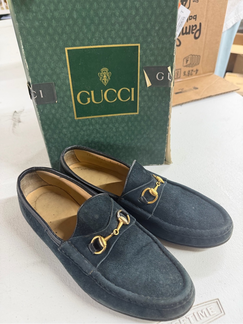 Vintage Gucci  Navy Suede Horsebit Loafers 7.5